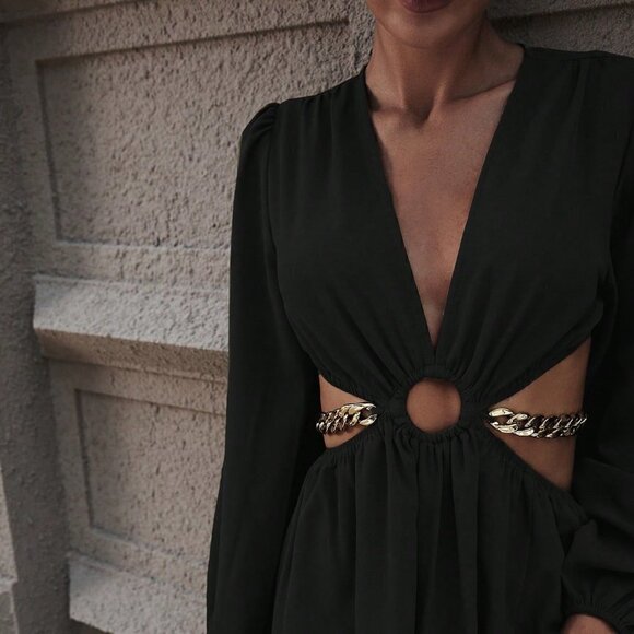 Black Preppy Womens Cut Out Waist Plunging Neck Lantern Sleeve Split Thi… - Picture 5 of 5